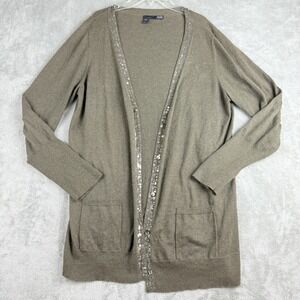 Eileen Fisher Cardigan Large Olive Green Organic Cotton Cashmere Sequins Evening